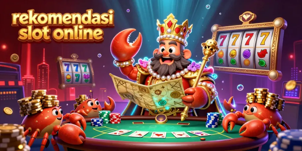 Ilustrasi digital 3D yang menampilkan rekomendasi slot online dengan karakter kepiting emas dan elemen kasino yang meriah.