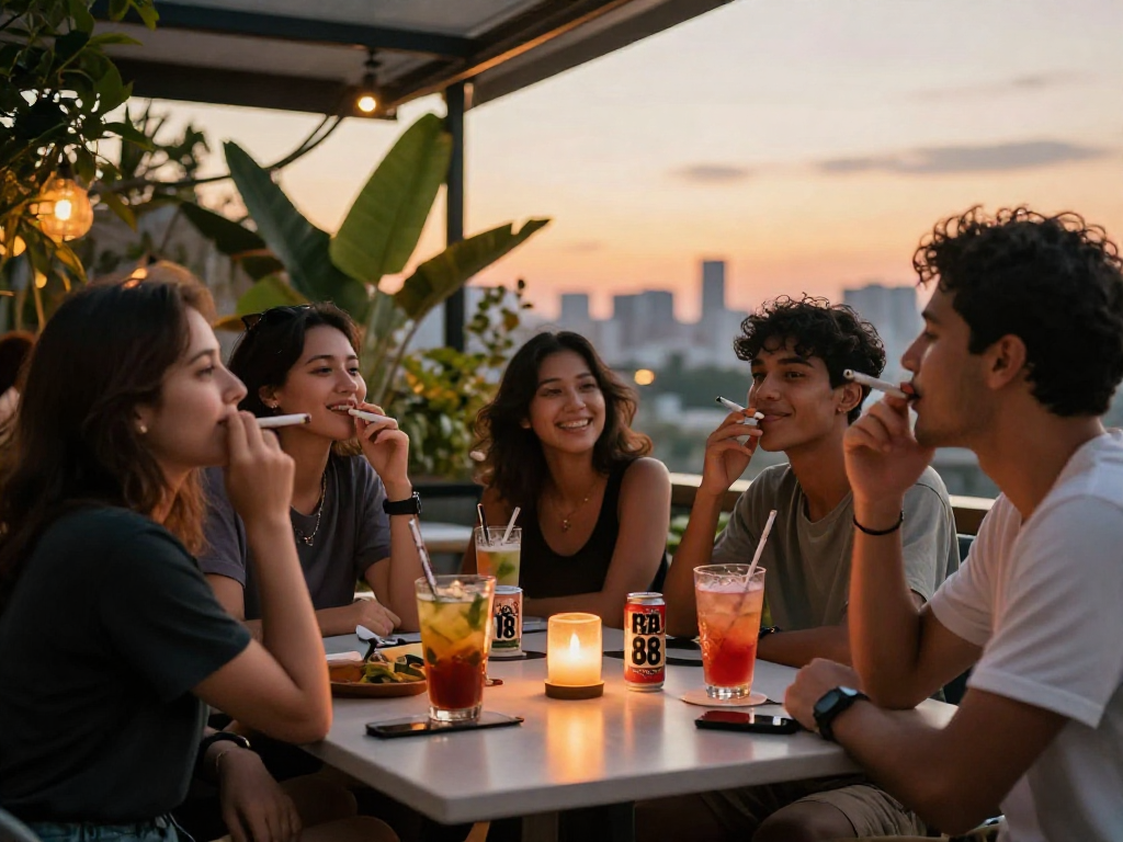 Friends enjoying rokok 88 cigarettes outdoors at sunset, vibrant social scene.