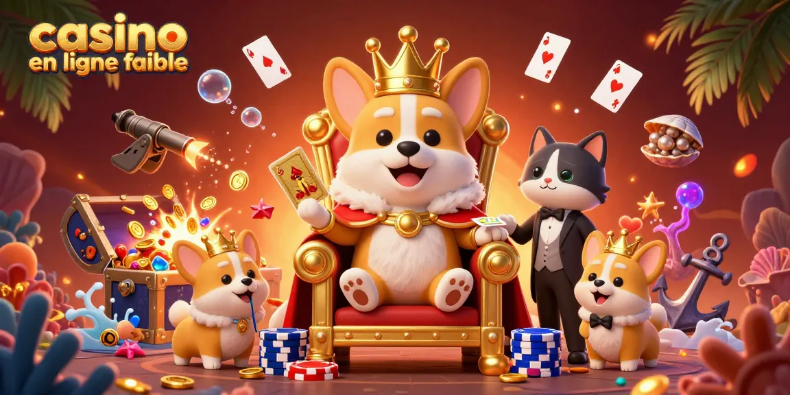 Casino en ligne fiable avec un corgi royal sur un trône de jetons, jeux de cartes flottants et pièces dorées