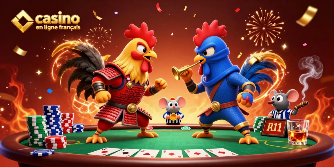 Les coqs combattants en pleine action sur un poker en ligne francais avec des jetons colorés.