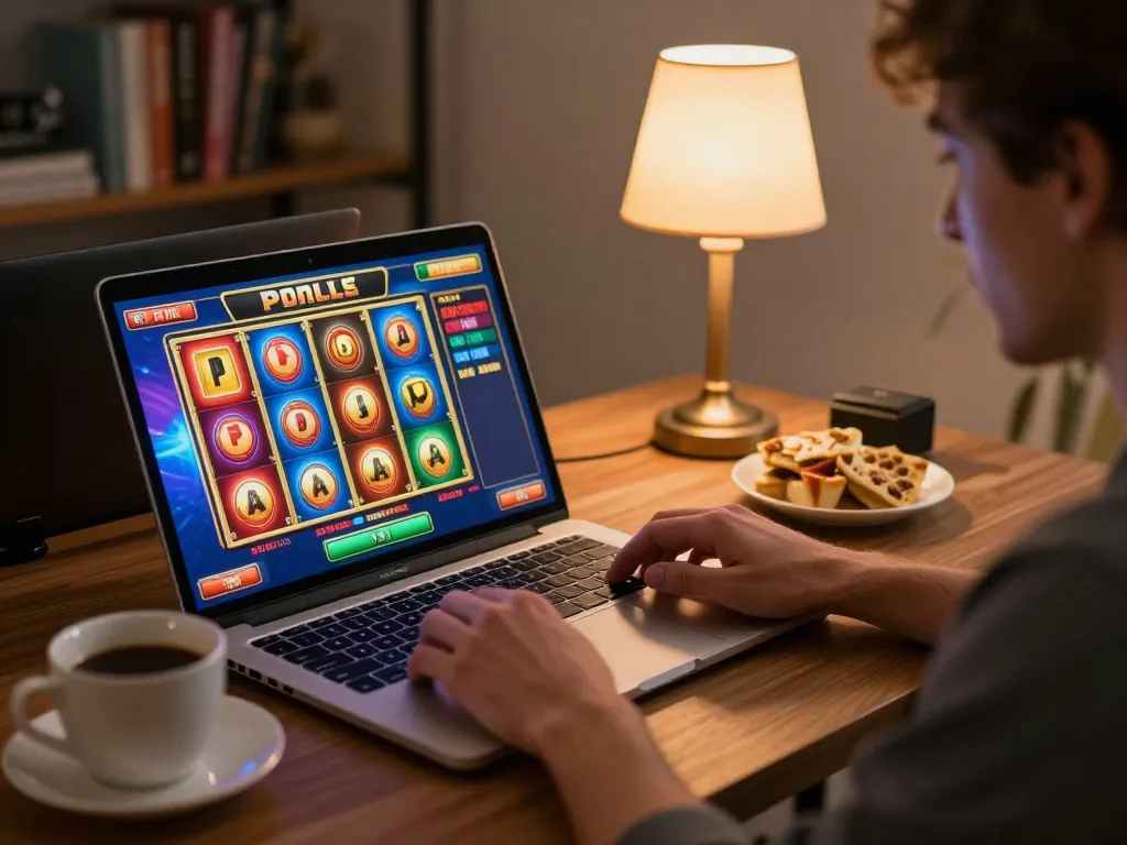 Engaging in slot pulsa gaming at home with colorful reels on the laptop screen
