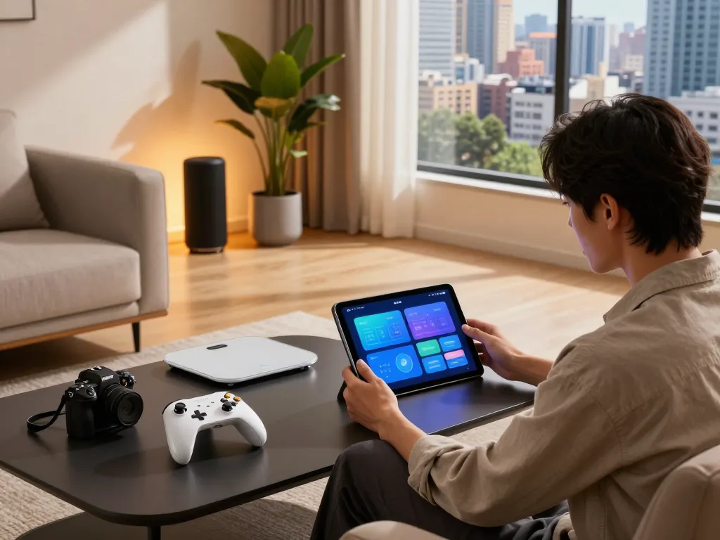 Innovative tech gadgets in a modern urban living room with smart home technology and sleek design elements.