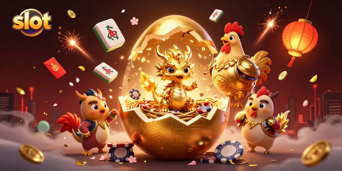 Spin winning slots with a colossal golden egg revealing a golden dragon among poker chips.