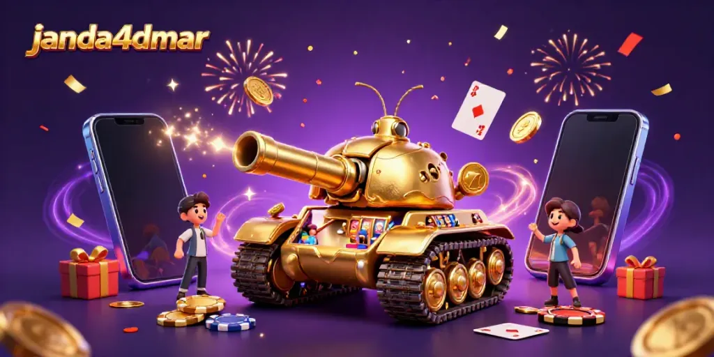 Mainkan permainan slot di dalam kanopi tank JANDA4D yang penuh koin emas dan keajaiban.