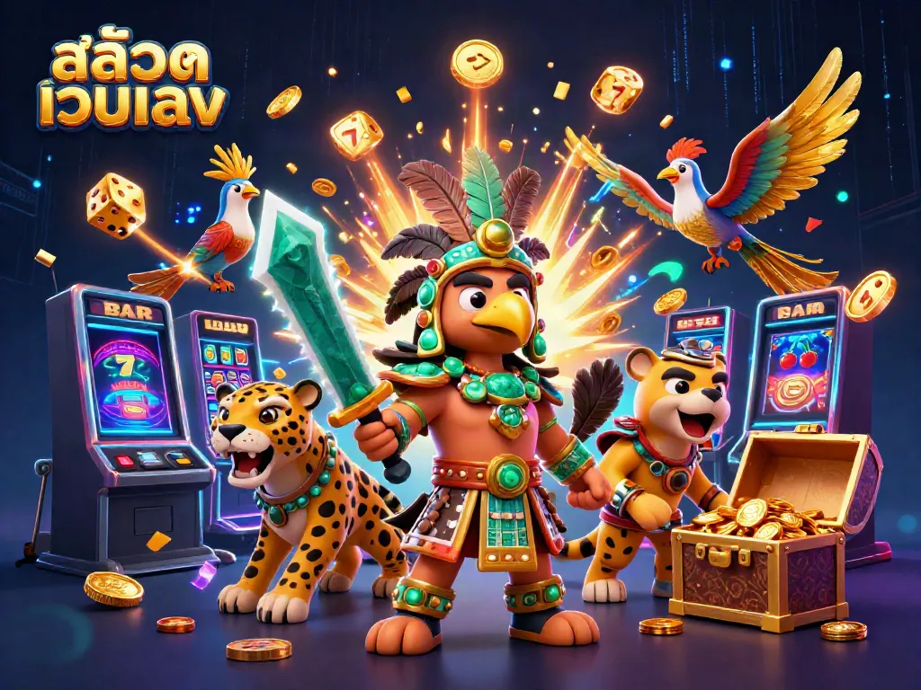 Experience สล็อตเว็บตรง excitement with an Aztec warrior surrounded by vibrant casino elements.