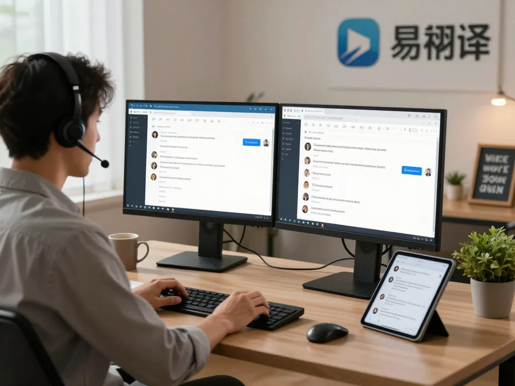 专业的客户支持人员在现代家庭办公室中使用易翻译进行高效翻译。