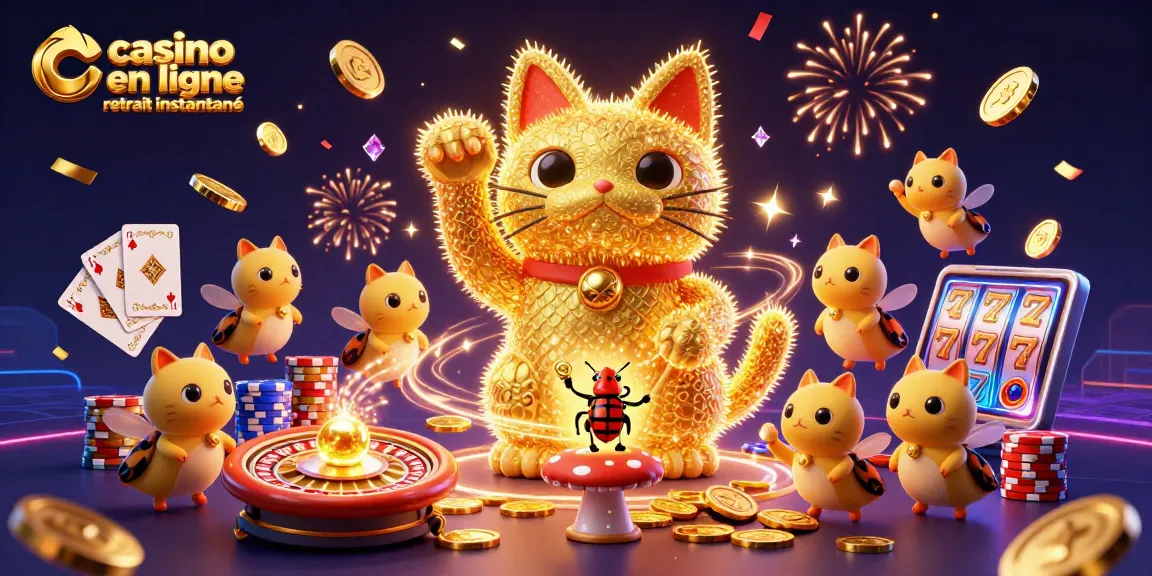 Jouez au casino en ligne retrait instantané avec un chat porte-bonheur et des symboles de jeu scintillants.