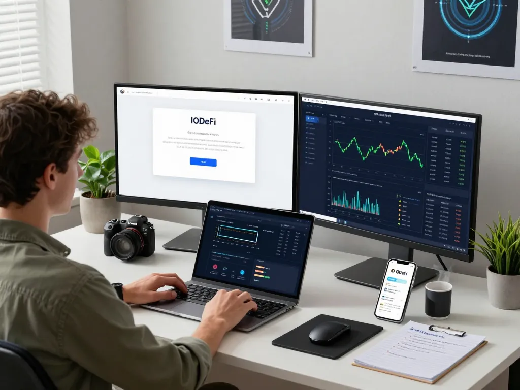 User engaging with the IODeFi login interface on dual monitors in a modern cryptocurrency workspace, showcasing a tech-savvy environment.