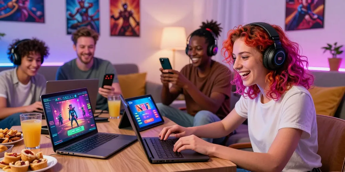 Engaged gamers enjoying a porngame on multiple devices in a vibrant setting.