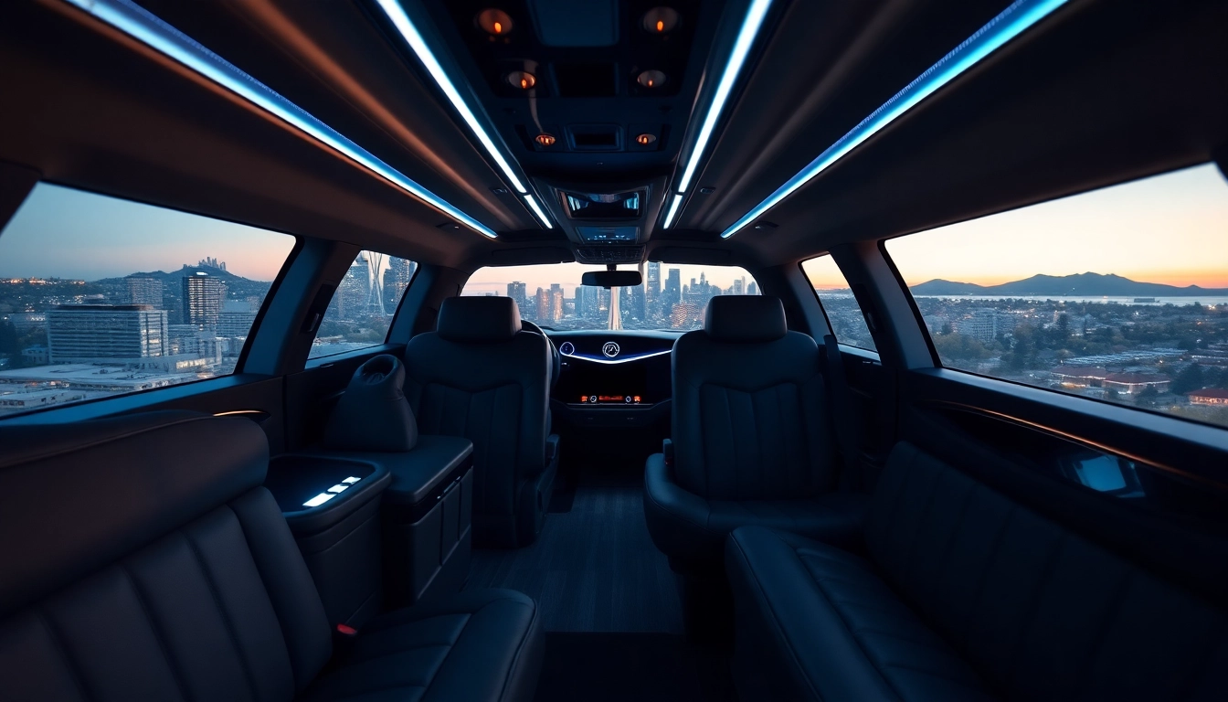 Experience a luxurious seattle to vancouver limo ride with a plush interior and Seattle skyline view.