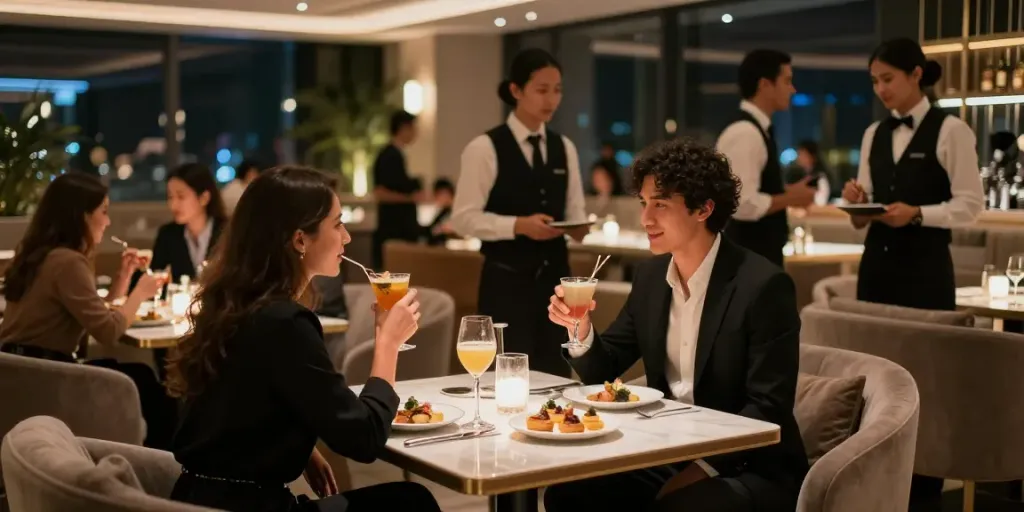 강남타이밍의 고급스러운 내부와 즐거운 손님들의 모습
