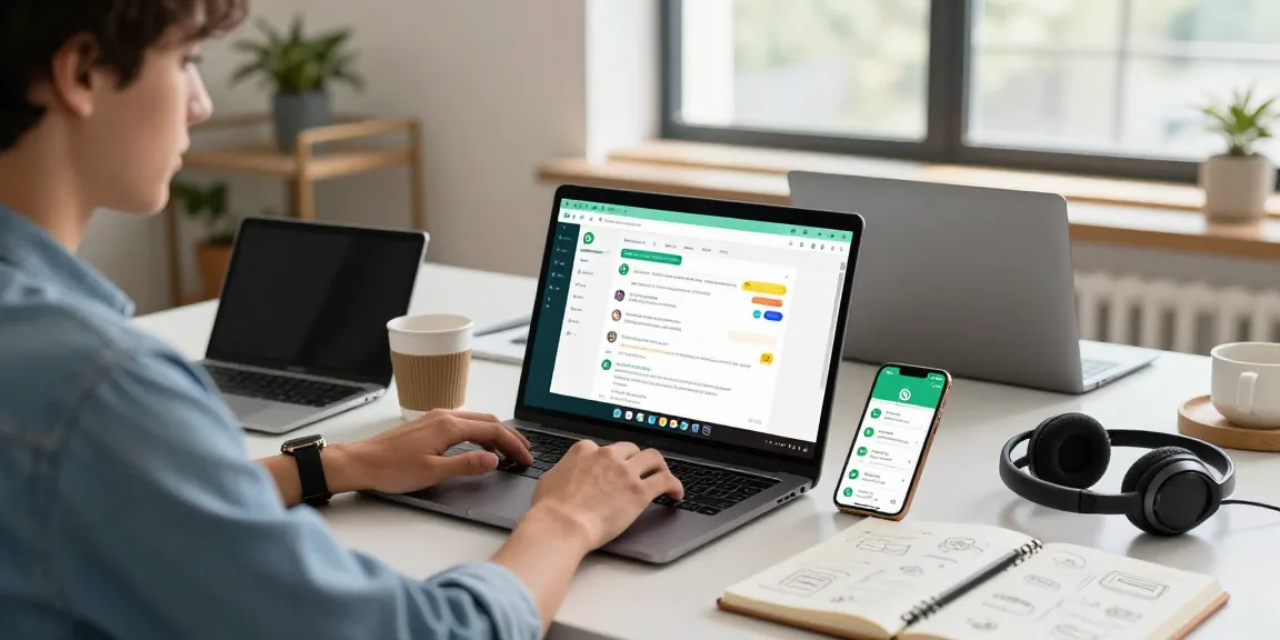 Dynamic workspace scene showcasing a user engaging with WhatsApp網頁版 on a modern laptop, emphasizing its professional use.