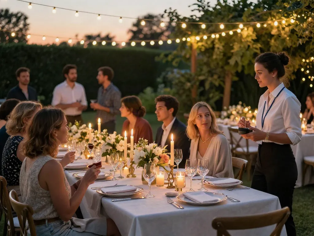 Event rentals set up with beautiful table arrangements and ambient lighting