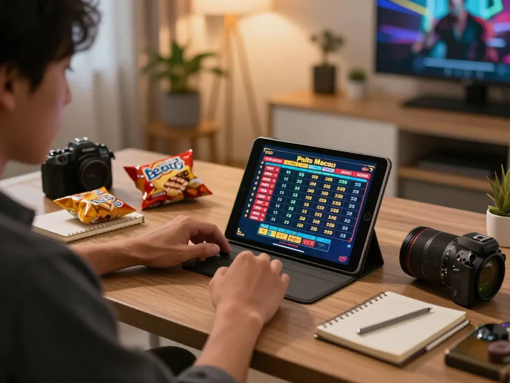 Paito macau numbers displayed on tablet during an engaging online gaming session at home.