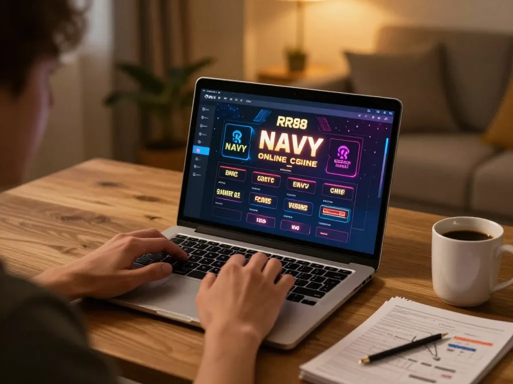 Player engaged in online gaming at RR88 NAVY with strategic notes and cozy setting