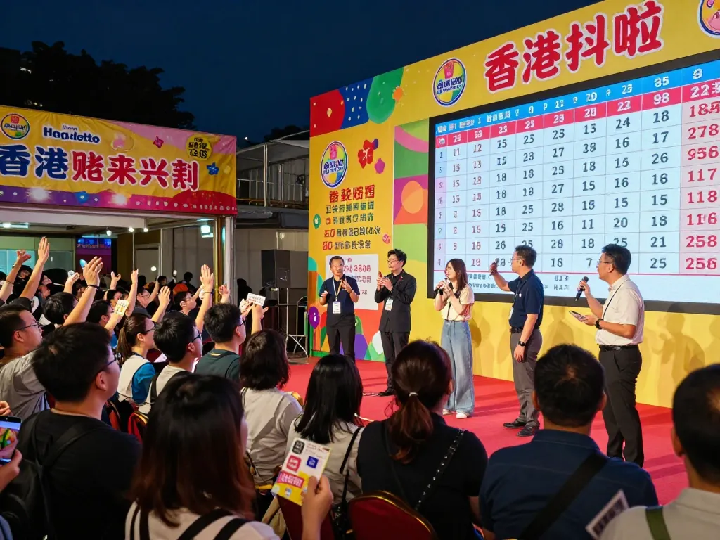 Exciting Hongkong Lotto live draw event with enthusiastic crowd and vibrant atmosphere.