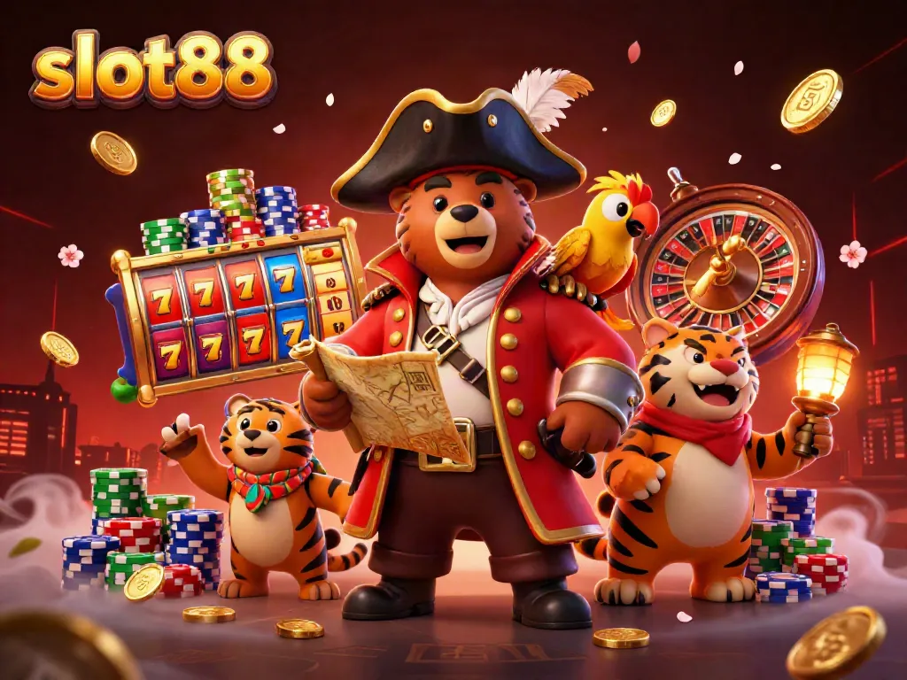 Engage with slot88's jackpot excitement through a dynamic casino illustration featuring captivating game elements.