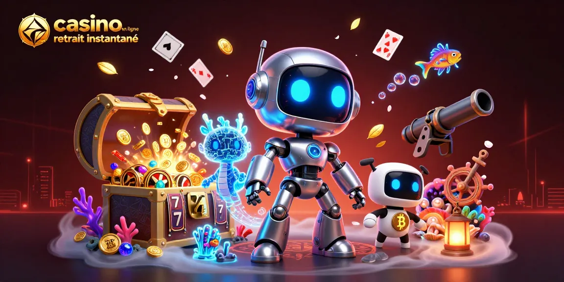 Plongez dans le monde du casino en ligne retrait instantané avec un robot futuriste et son dragon holographique.