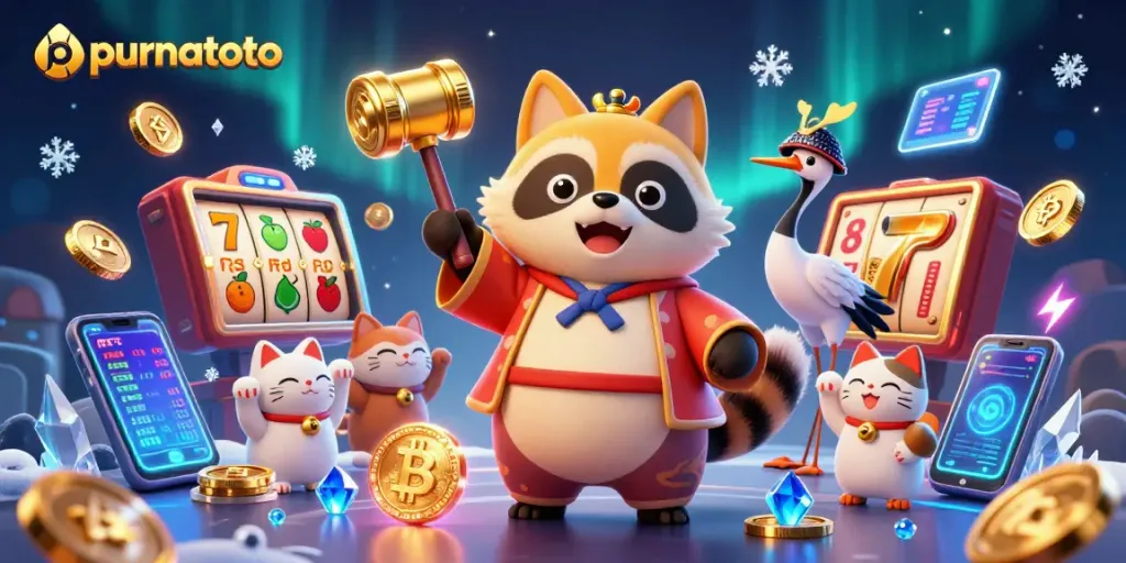 Gambaran ilustrasi 3D purnatoto dengan karakter tanuki berbahagia dan simbol jackpot yang menarik.