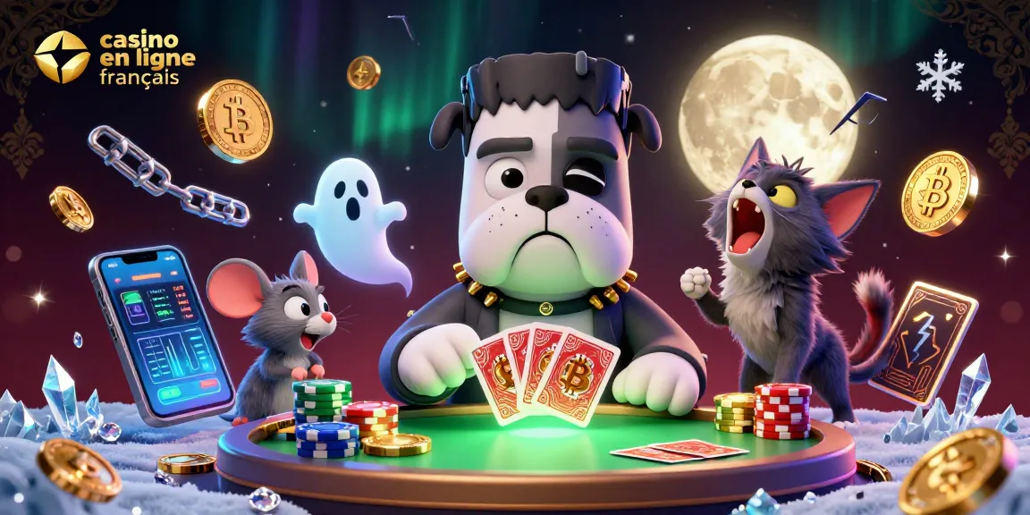 Illustration dynamique d'un bulldog Frankenstein au casino en ligne français, distribuant des cartes.