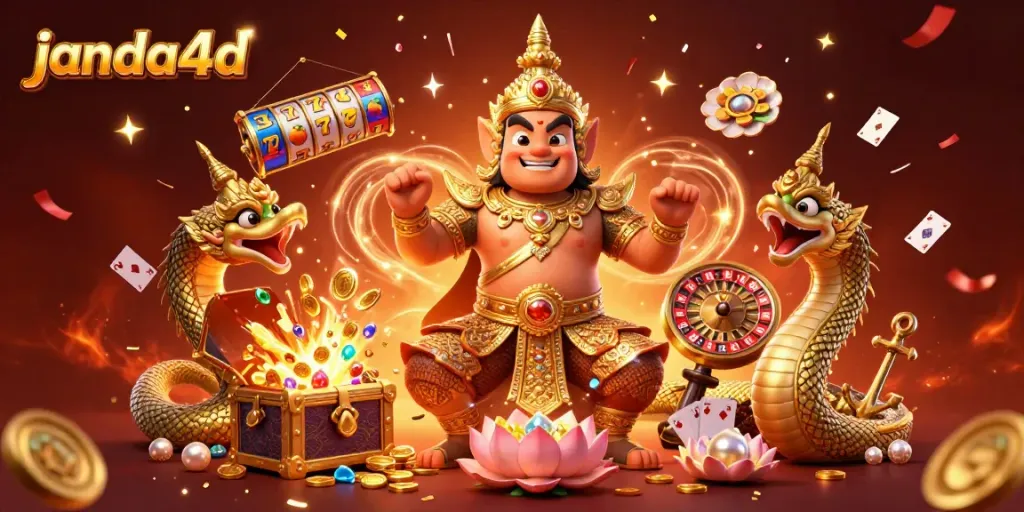 Menangkan jackpot di janda4d dengan slot dan permainan kasino menarik dalam ilustrasi berwarna-warni.