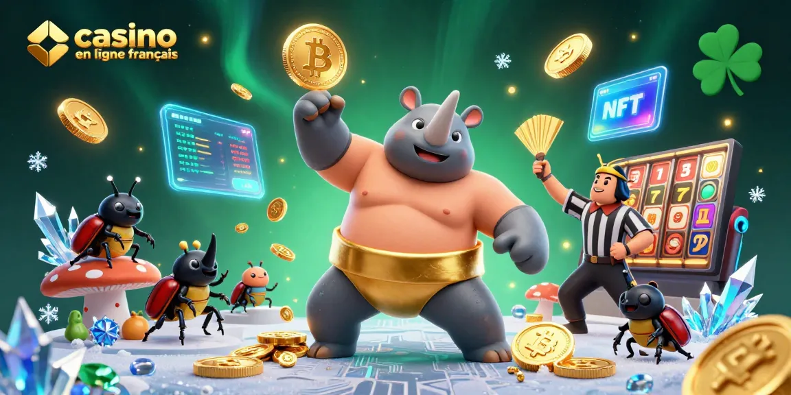 Atteignez des gains avec le casino en ligne français, représenté par un scarabée champion et des pièces volantes.