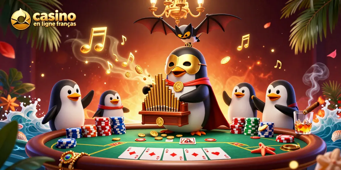 Jouez au casino en ligne français avec un manchot musical, des pièces d'or et des cartes.