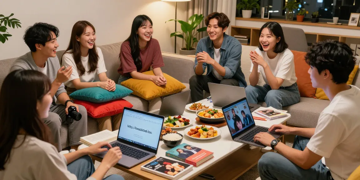 Engaged group sharing insights about Asian culture via https://hanadultalk.com in a cozy living room.