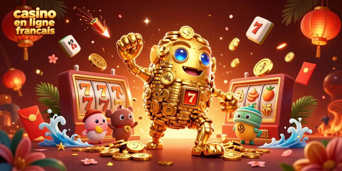 Jouer au casino en ligne français avec un golem doré entouré de symboles de machines à sous et de Mahjong.
