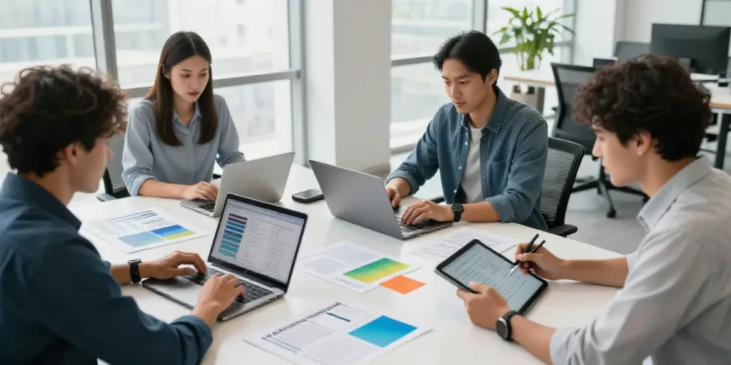 AI content writer for B2B marketers collaborating in a modern office.