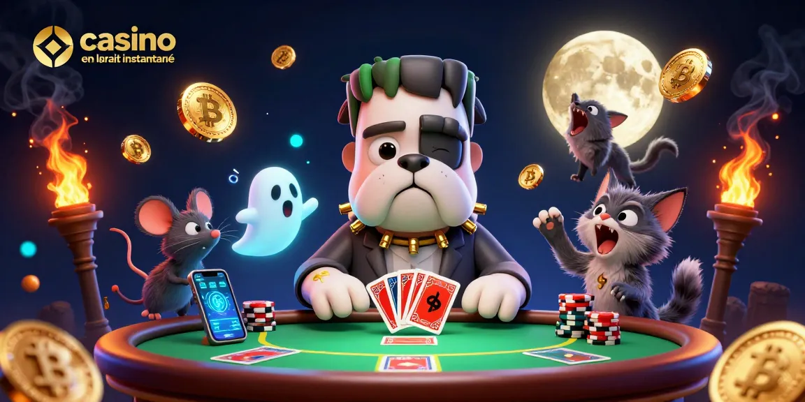 Jouez au casino en ligne retrait instantané avec un bouledogue Frankenstein et des pièces cryptographiques animées.