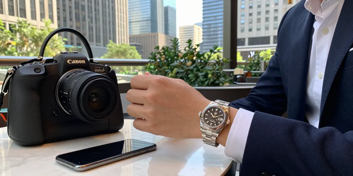 Elegant wristwatch display emphasizing super clone watches in a luxurious urban café setting