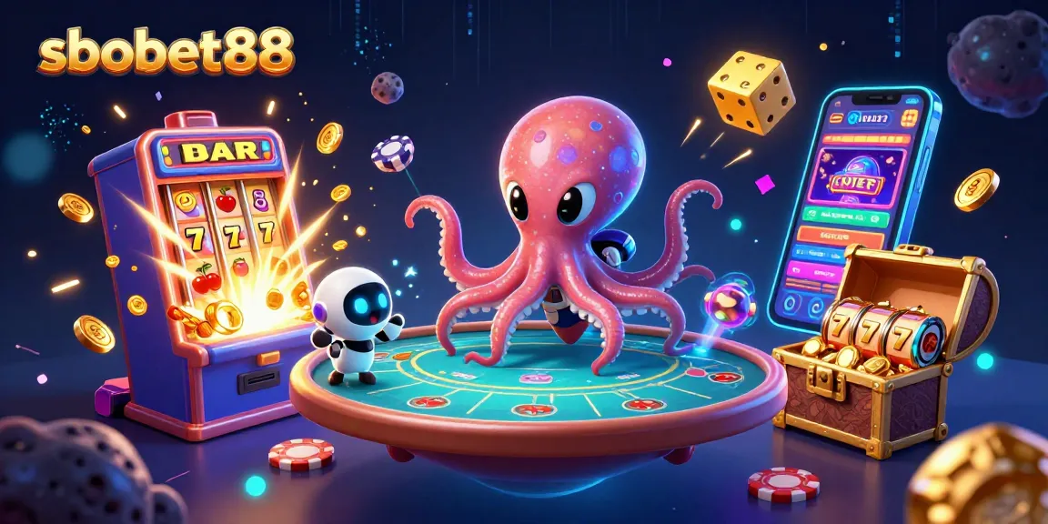 Experience sbobet88 with a vibrant alien octopus running a holographic poker table amidst dynamic slot game elements.