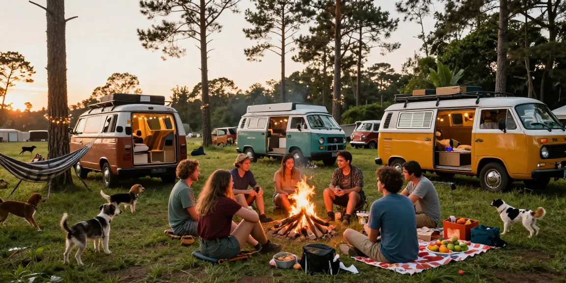 Gathering of vanlife enthusiasts sharing stories and food at a sunset festival, highlighting rokok88 lifestyle.