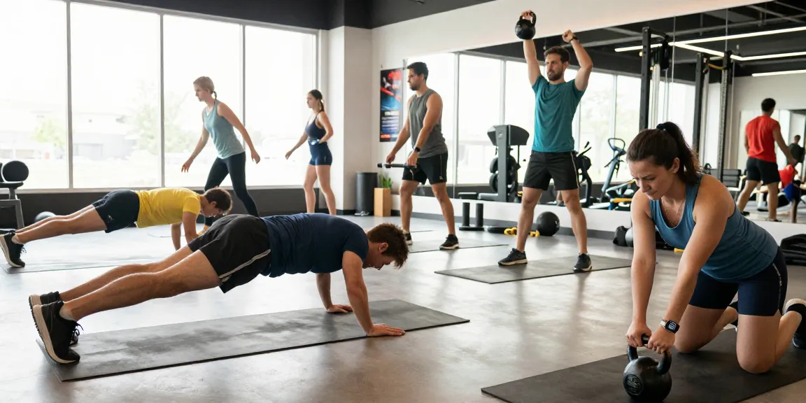 Group workout scene featuring fitness enthusiasts tracking progress in a gym, emphasizing depo 5k training.