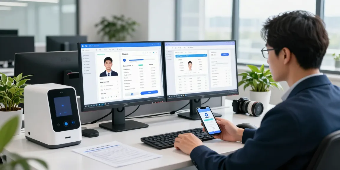 IT professional using an age verification system in a modern office with dual monitors and biometric devices.