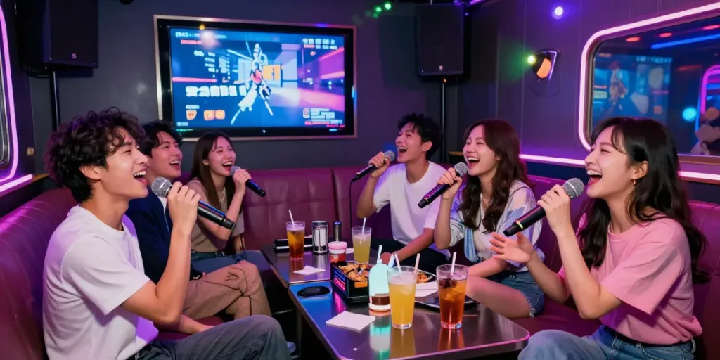강남 달토 가라오케에서 친구들이 즐겁게 노래하는 모습