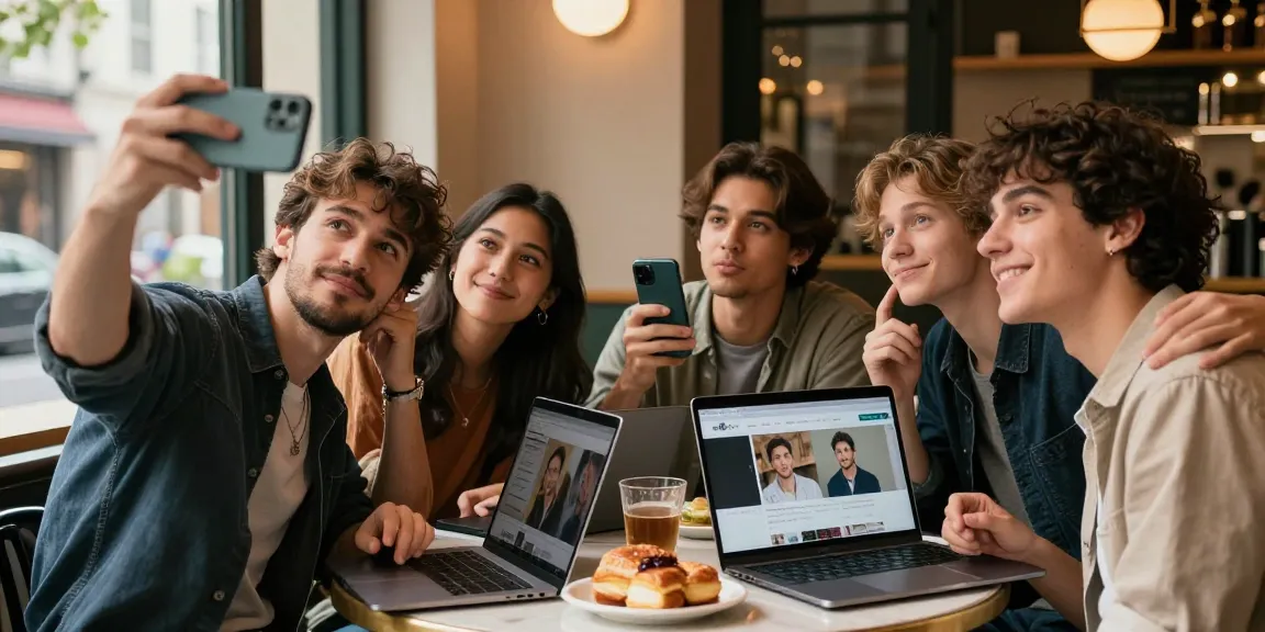 Friends discovering who they look like celebrities while enjoying coffee.