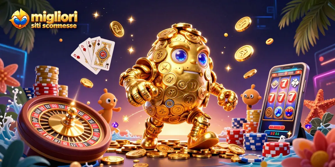 Giocare nei migliori siti scommesse con un golem dorato e simboli delle slot che volteggiano.
