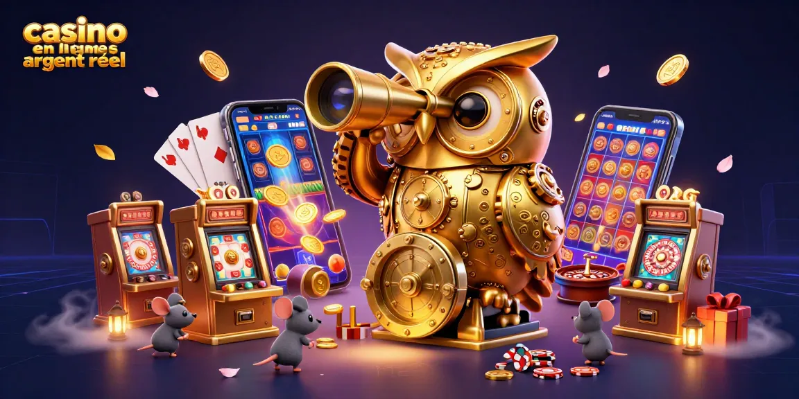 Plongez dans l'univers du casino en ligne argent réel avec cette illustration 3D riche en détails et animations.