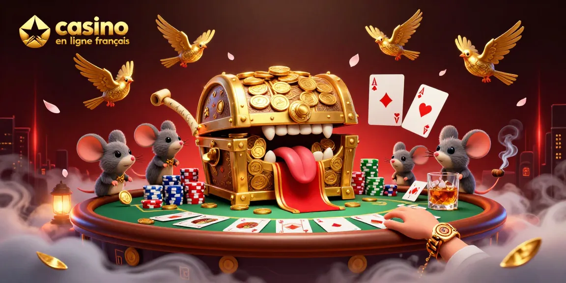 L'attraction des jeux à "casino en ligne français" avec un coffre au trésor et des éléments de poker captivants.