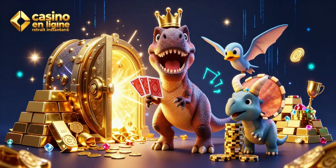 Visuel captivant de casino en ligne retrait instantané avec un T-Rex jouant aux cartes au milieu d'une scène riche en trésors et en joyaux.