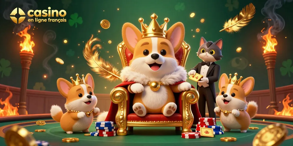 Milieu fantastique d'un corgi royal sur un trône de jetons, représentant le casino en ligne français.