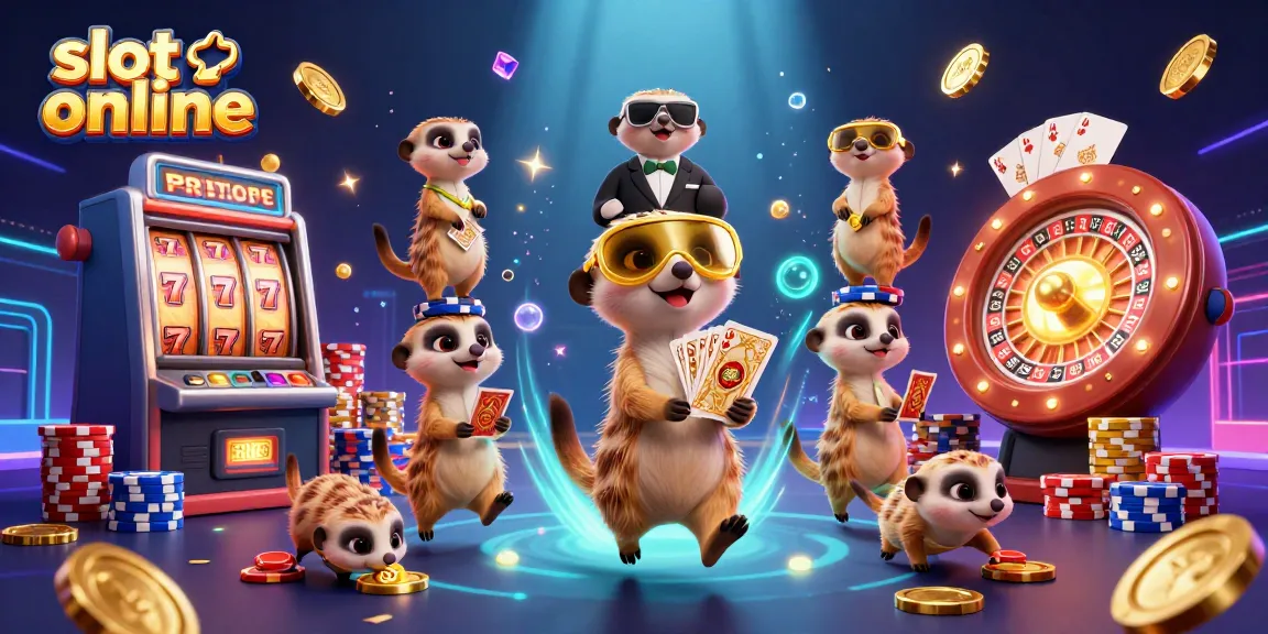 Play exciting slot online games with engaging meerkat characters in a vibrant casino scene.