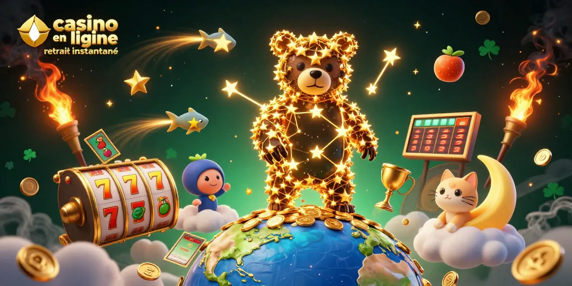 Jouez à casino en ligne retrait instantané avec cette illustration vibrante de jeu représentant des éléments de machine à sous et une ambiance dynamique.