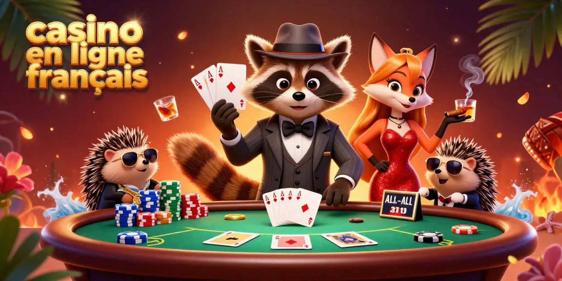 Profitez des émotions du casino en ligne français avec un raton laveur jouant un royal flush entouré de charme.