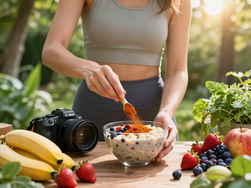 Mixing astaxanthin Canada into a smoothie bowl surrounded by fresh fruits and greenery.