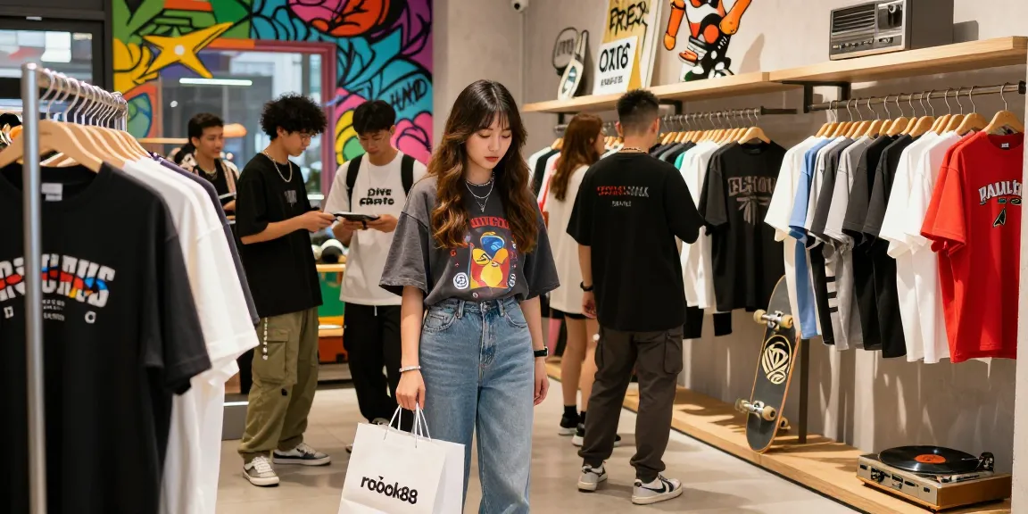 Friends enjoying the stylish rokok88 streetwear boutique, exploring trendy outfits and accessories.