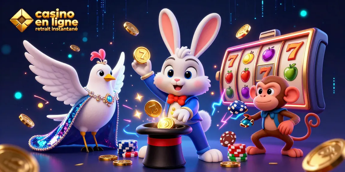 Illustration animée représentant le casino en ligne retrait instantané, avec un lapin magicien et des éléments de jeu captivants.