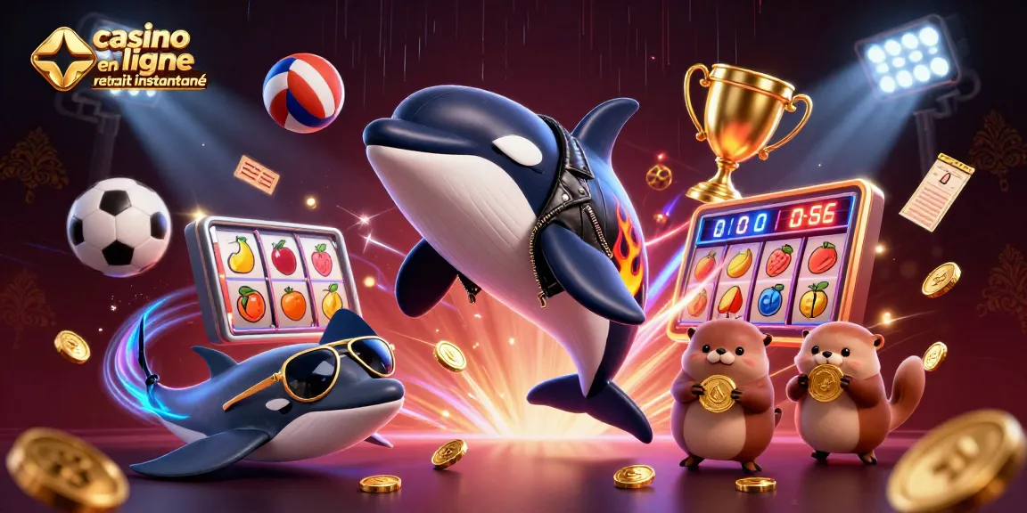 Illustration dynamique et colorée représentant les jeux de casino en ligne retrait instantané avec des otaries et une orque en biker.